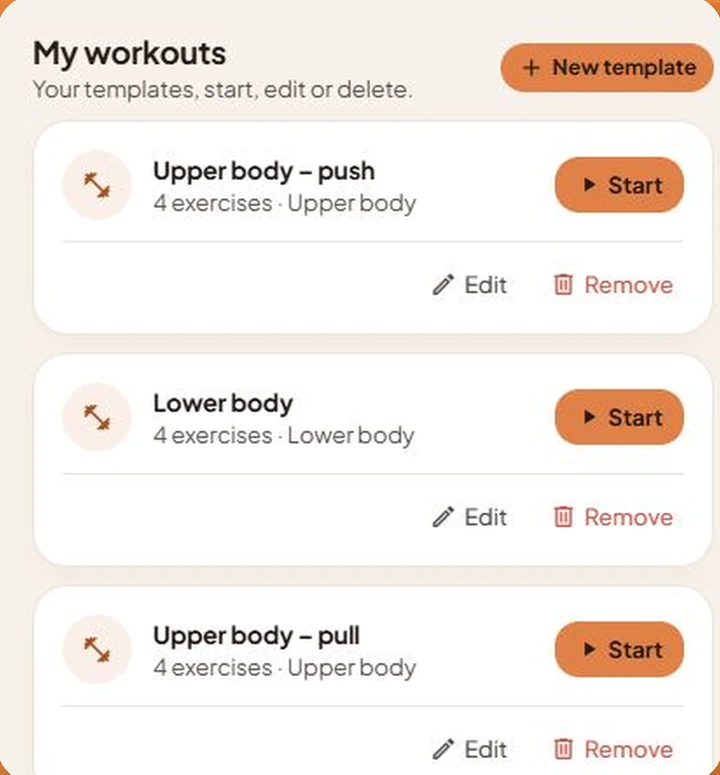 Saved workouts in the app: upper body push, lower body, upper body pull, four exercises each, with a Start button