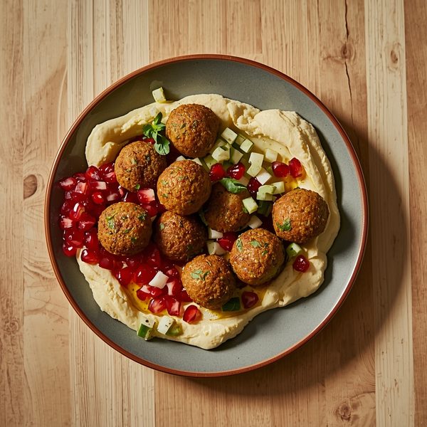 Falafel on hummus with pomegranate and cucumber