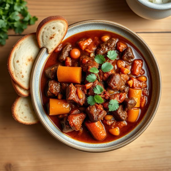 Beef stew with root vegetables and bread