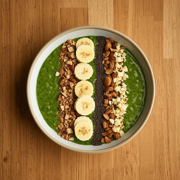 Green smoothie bowl with banana, seeds and nuts