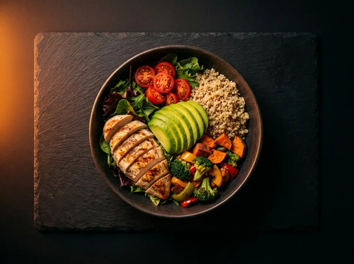 Grilled chicken with avocado, quinoa, roasted sweet potato, broccoli and tomatoes in a bowl on dark slate