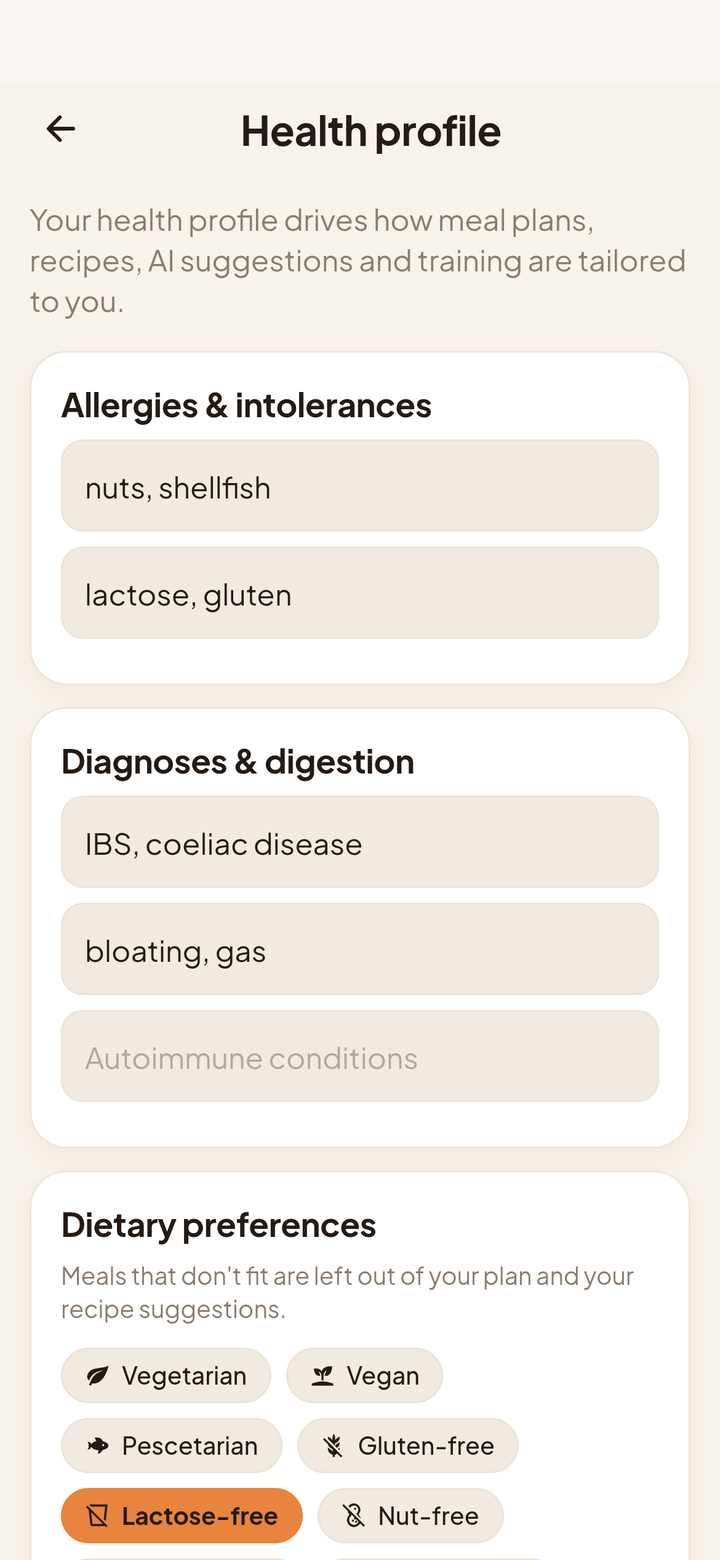The health profile: allergies, intolerances and diagnoses