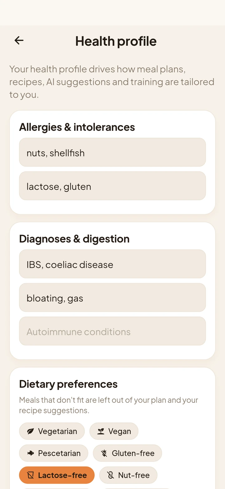 The health profile: allergies, intolerances and diagnoses