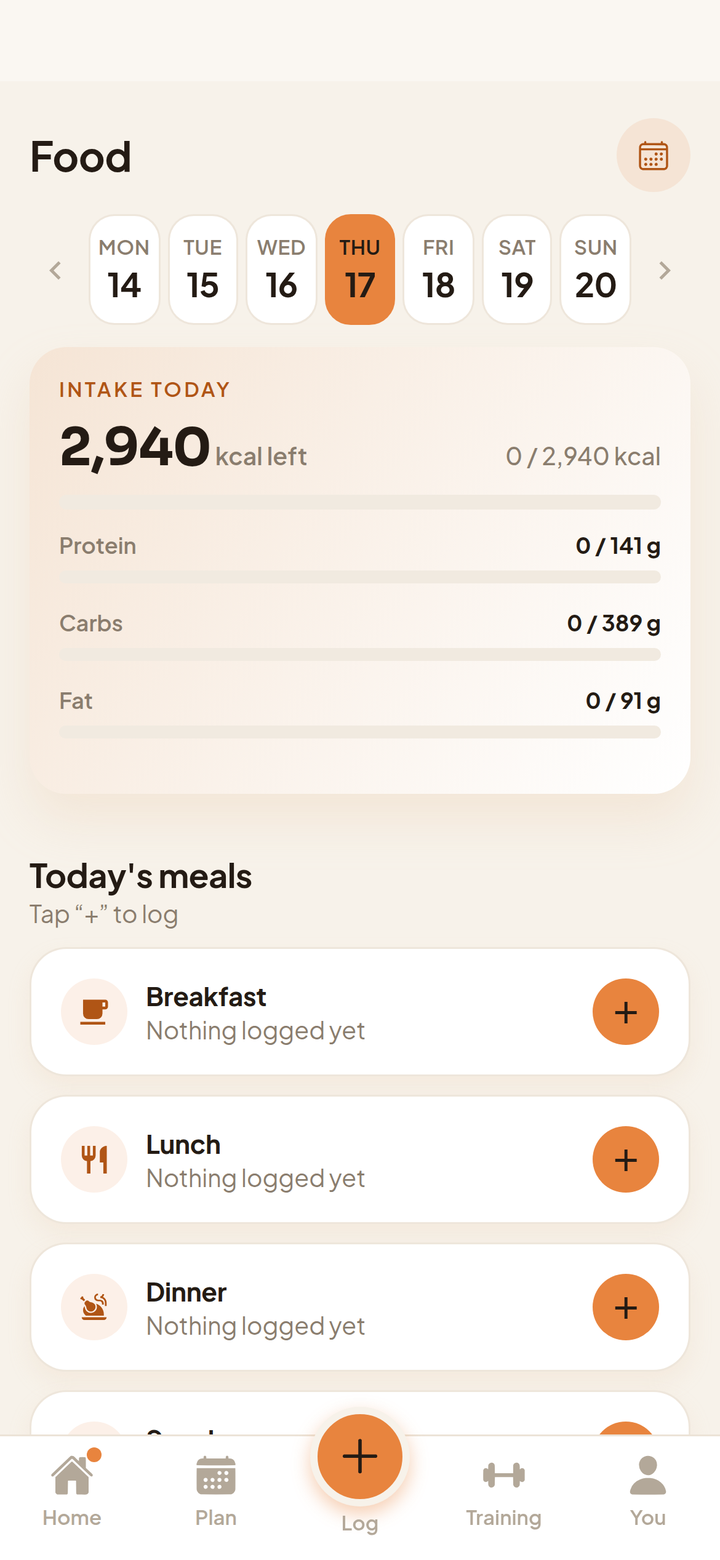 The food log: what is left of the day’s calories and macros