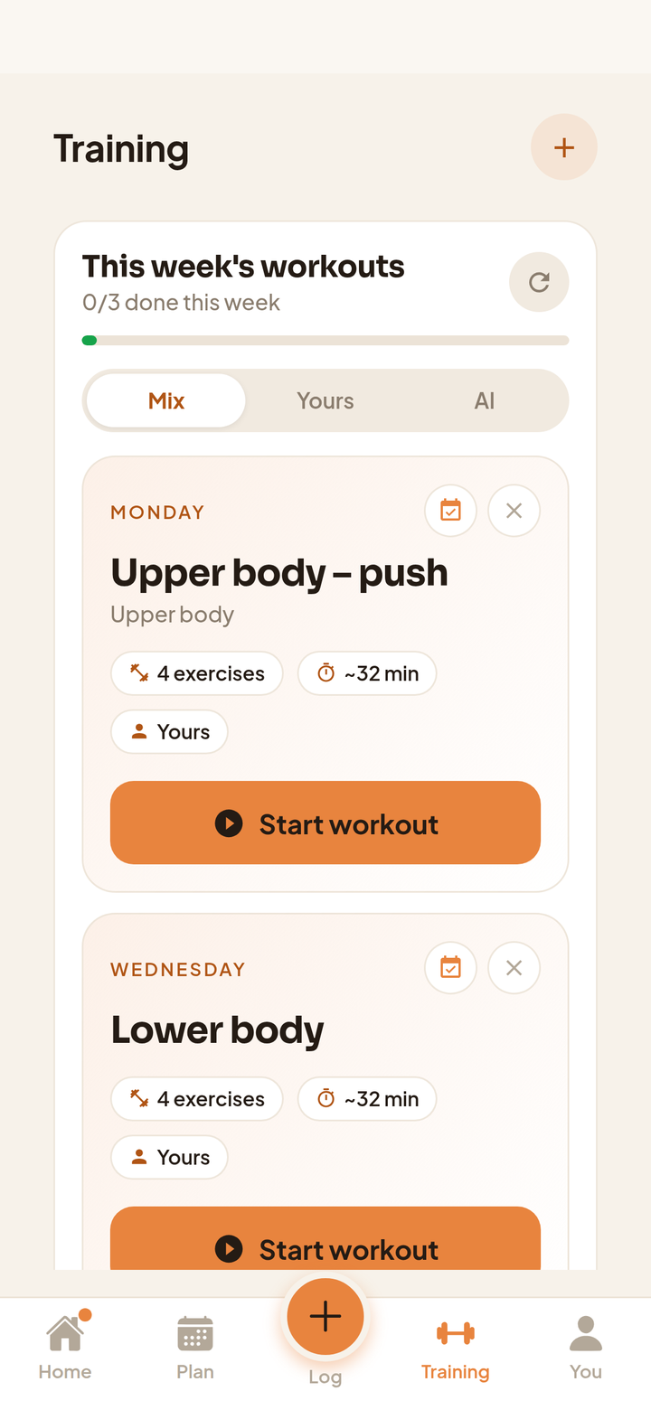 A workout in progress with sets, weights and reps