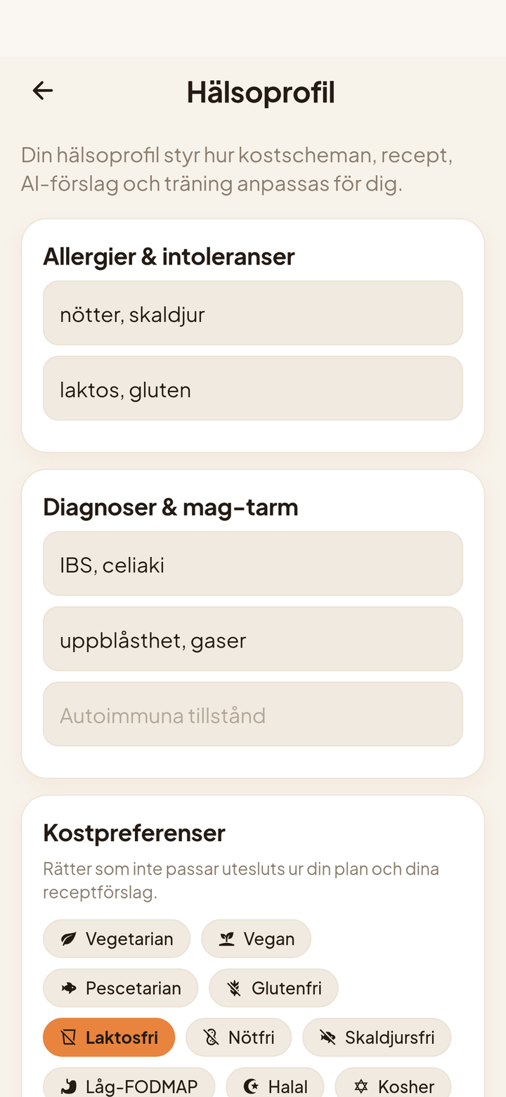 Hälsoprofilen: allergier, intoleranser och diagnoser
